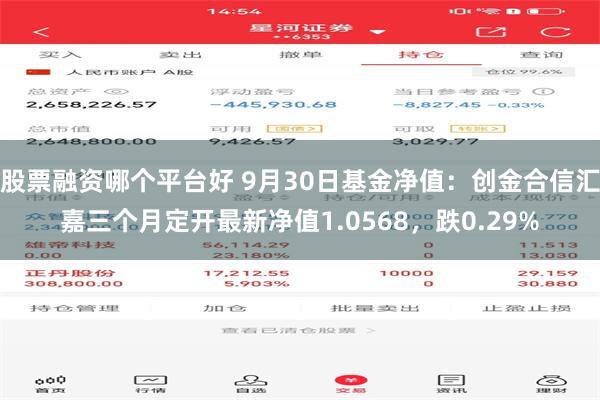 股票融资哪个平台好 9月30日基金净值：创金合信汇嘉三个月定开最新净值1.0568，跌0.29%